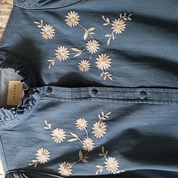 Sezane Blue Blouse with White Floral Embroidery - Picture 8 of 10